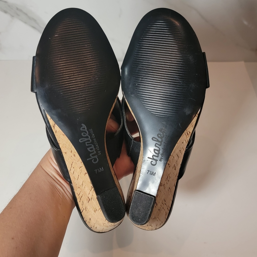 Charles David | Cork Wedge Black leather Cris Cross open toe Slip-on shoes 7.5 - Picture 9 of 12